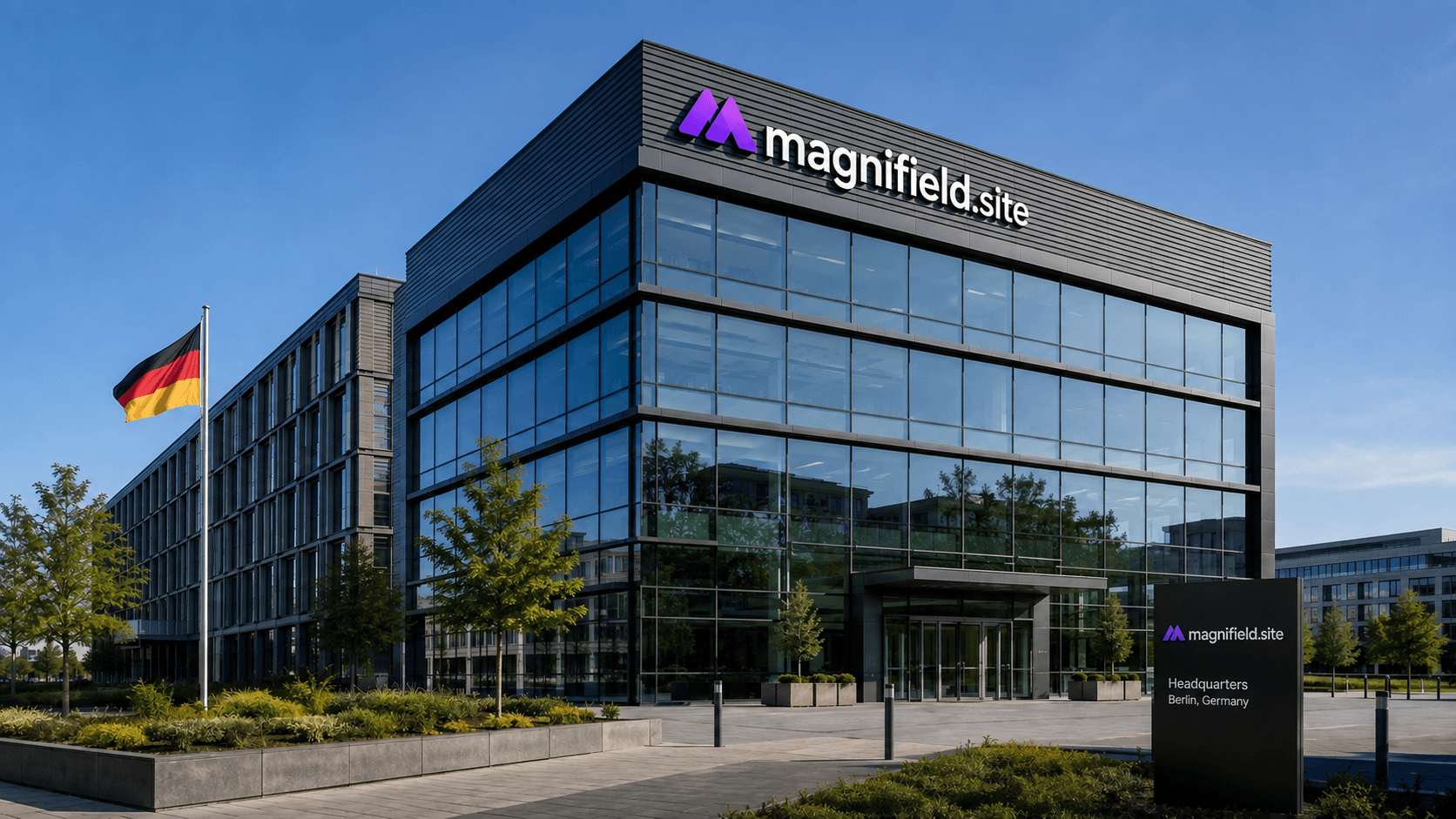 The Magnifield headquarters in Berlin — a glass-fronted office building with the company sign on the roofline and a German flag at the entrance