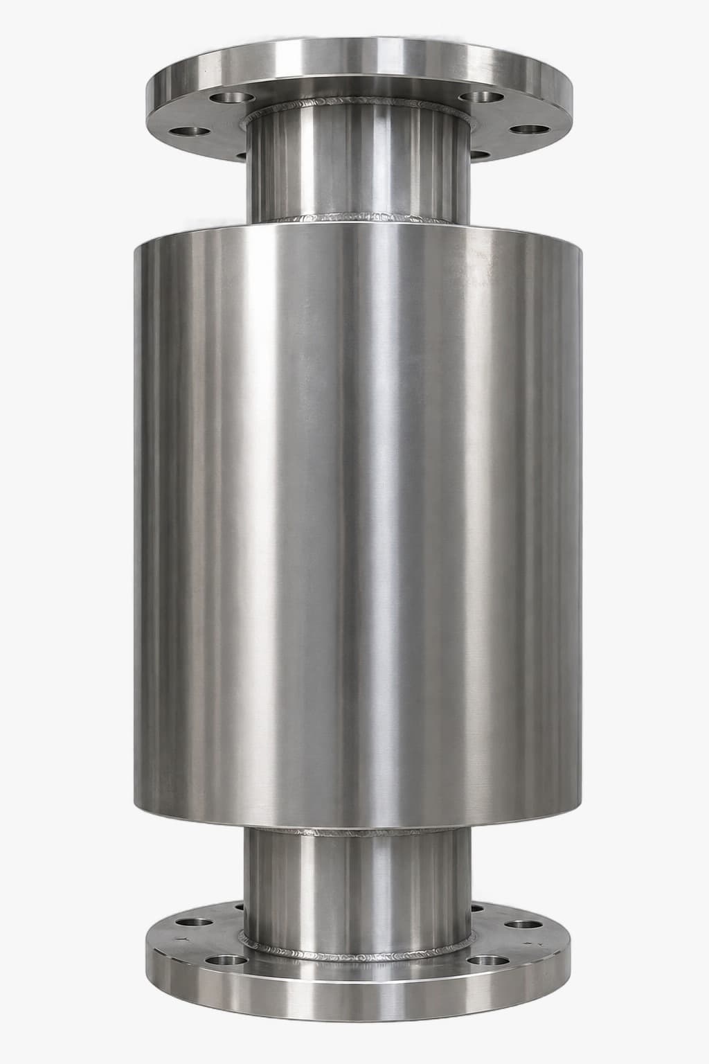 Magnifield-HSS1 flanged inline magnetic water conditioner in polished stainless steel, with bolted flanges at both ends