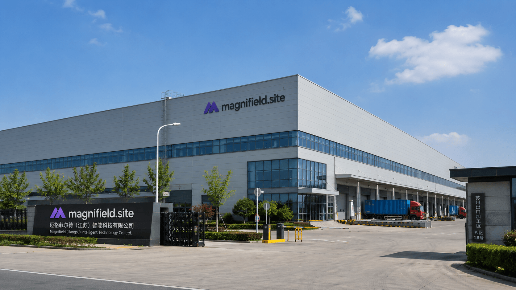 The Magnifield manufacturing plant in China — a long single-storey production hall with loading bays and container trucks at the docks