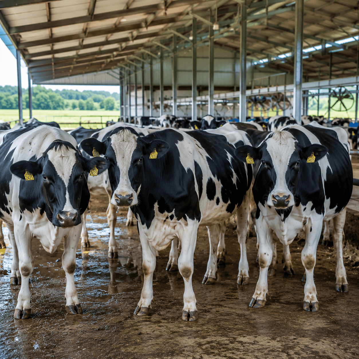 Holstein dairy cows standing in an open-sided barn with pasture behind them