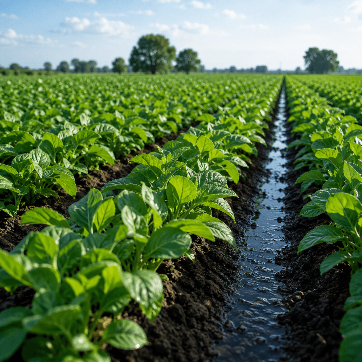 Rows of leafy field crops beside a furrow of irrigation water soaking into dark soil