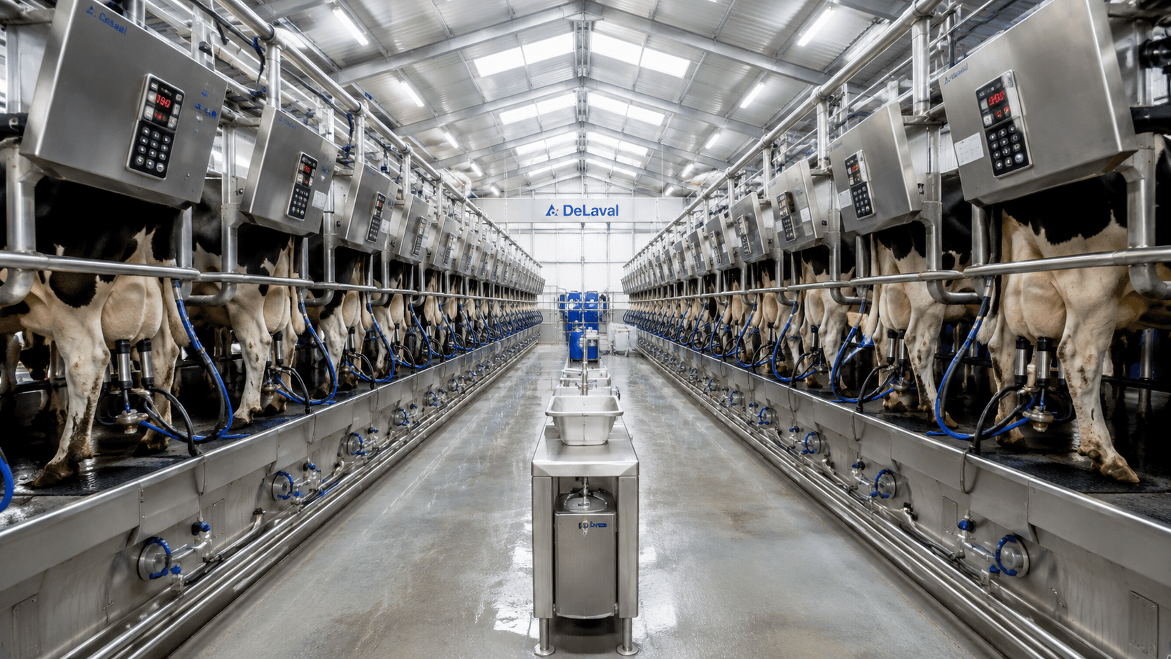 A herringbone milking parlour with cows in place on both sides and automatic clusters attached