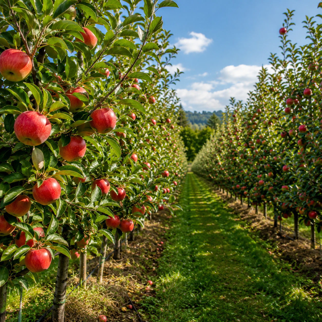 An apple orchard in full fruit, with drip irrigation line running along the base of the trees
