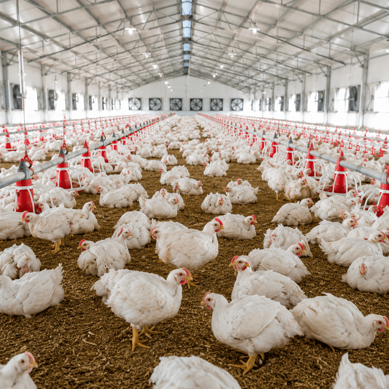 Broiler flock on litter in a naturally lit poultry house, with drinker and feeder lines running the length of the shed